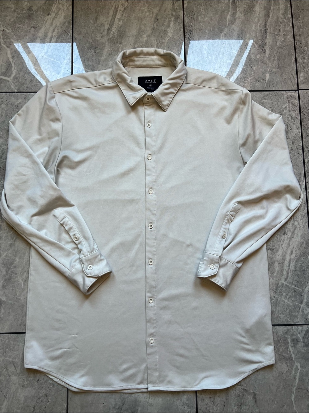 BYLT Premium Basics Embroidered Mens Stretch LongSleeve ButtonUp Shirt Beige XL